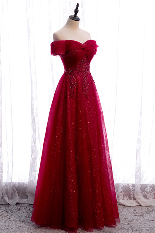 Red A-line Off-the-Shoulder Twist Knot Beaded Appliques Maxi Formal Dress
