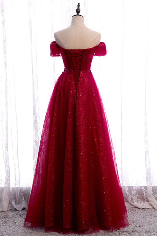 Red A-line Off-the-Shoulder Twist Knot Beaded Appliques Maxi Formal Dress
