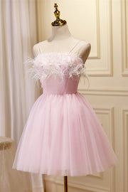 Pink Feathers Straps Pleated Tulle Homecoming Dress