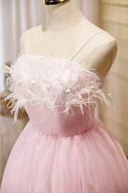 Pink Feathers Straps Pleated Tulle Homecoming Dress