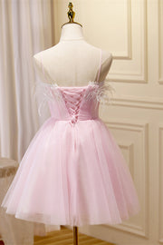 Pink Feathers Straps Pleated Tulle Homecoming Dress