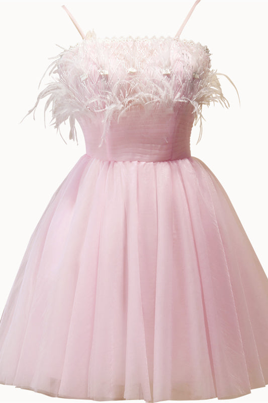 Pink Feathers Straps Pleated Tulle Homecoming Dress