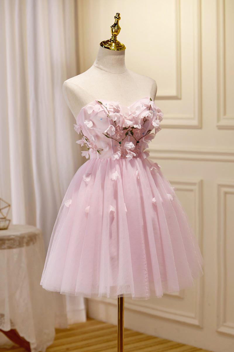 Pink Sweetheart Strapless 3D Appliques Homecoming Dress