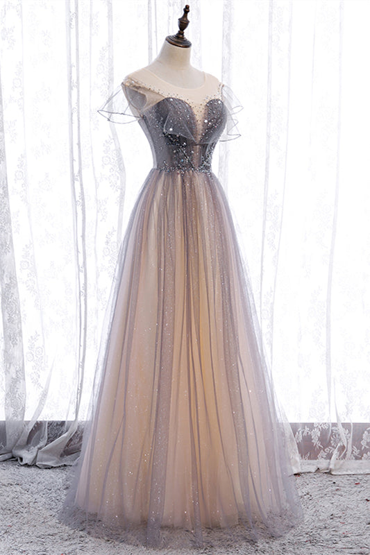 Grey A-line Jewel Beaded Ruffle Lace-Up Maxi Formal Dress