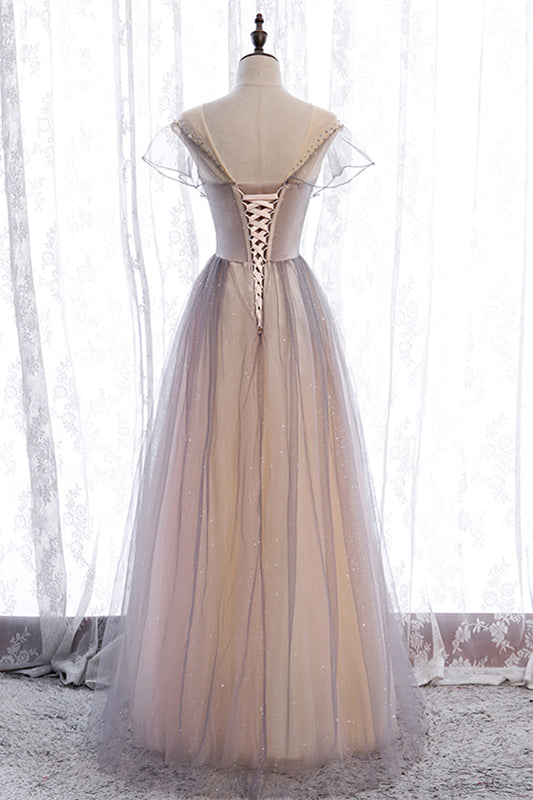 Grey A-line Jewel Beaded Ruffle Lace-Up Maxi Formal Dress