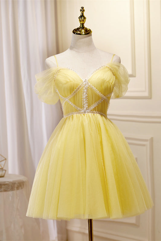 Off Shoulder Yellow Lace Floral Prom Dresses, Yellow Lace Homecoming D –  Shiny Party