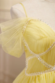 Yellow Off-the-Shoulder Lace Beaded Straps Homecoming Dress