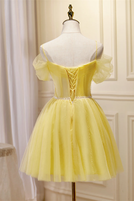 Yellow Off-the-Shoulder Lace Beaded Straps Homecoming Dress