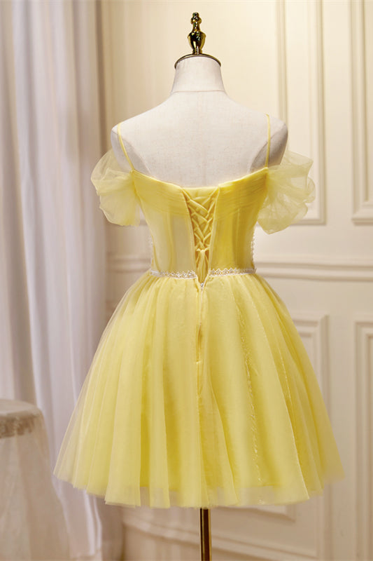 Yellow Off-the-Shoulder Lace Beaded Straps Homecoming Dress | Joyofdress Yellow Off-the-Shoulder Lace Beaded Straps Homecoming Dress | Joyofdress