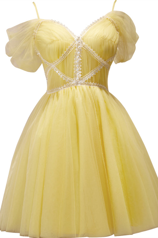 Off the Shoulder Short Yellow Tulle Prom Dresses, Short Yellow Tulle Graduation Homecoming Dresses, US 14 / Custom Color / No Rush
