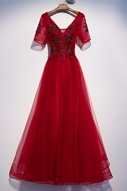 Red A-line V Neck Sleeves Beaded Appliques Tulle Maxi Formal Dress