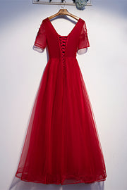 Red A-line V Neck Sleeves Beaded Appliques Tulle Maxi Formal Dress