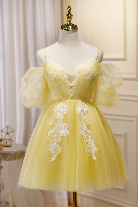 Yellow Plunging Puff Off-the-Shoulder Appliques Homecoming Dress