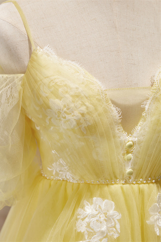 Yellow Plunging Puff Off-the-Shoulder Appliques Homecoming Dress