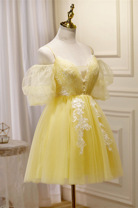 Yellow Plunging Puff Off-the-Shoulder Appliques Homecoming Dress