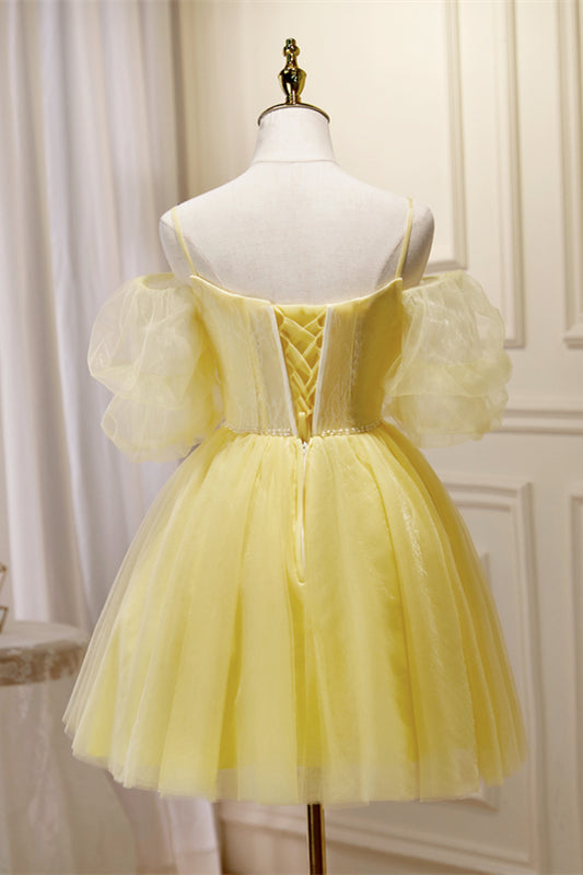 Yellow Plunging Puff Off-the-Shoulder Appliques Homecoming Dress