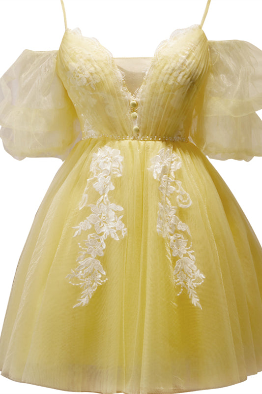 Yellow Lace Short Prom Dress, Off the Shoulder Homecoming Dress US 2 / Yellow Yellow Lace Short Prom Dress, Off the Shoulder Homecoming Dress US 2 / Yellow