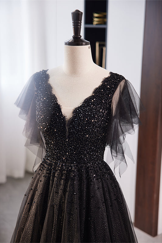 Black Deep V Neck Flaunting Sleeves Beaded Maxi Formal Dress | Joyofdress Black Deep V Neck Flaunting Sleeves Beaded Maxi Formal Dress | Joyofdress