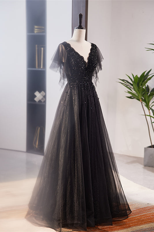 Black Deep V Neck Flaunting Sleeves Beaded Maxi Formal Dress