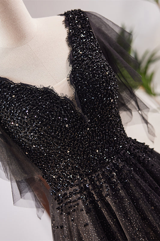 Black Deep V Neck Flaunting Sleeves Beaded Maxi Formal Dress | Joyofdress Black Deep V Neck Flaunting Sleeves Beaded Maxi Formal Dress | Joyofdress