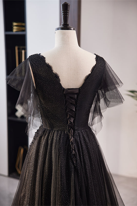 Black Deep V Neck Flaunting Sleeves Beaded Maxi Formal Dress