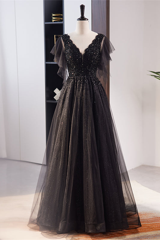 Black Deep V Neck Flaunting Sleeves Beaded Maxi Formal Dress