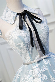 Light Blue Bow Tie High Neck Lace Homecoming Dress