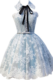 Light Blue Bow Tie High Neck Lace Homecoming Dress