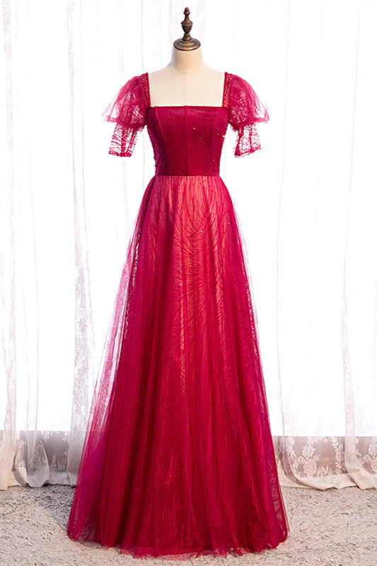 Red Square Neck Puff Sleeves Beaded Tulle Maxi Formal Dress