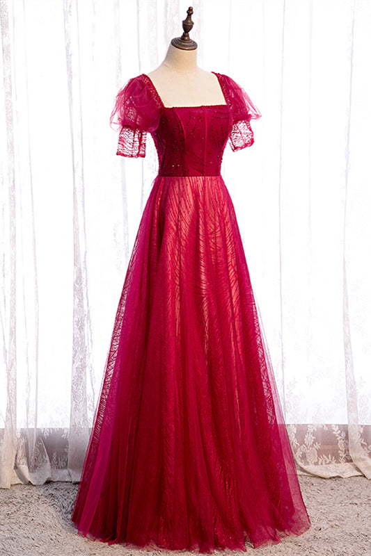 Red Square Neck Puff Sleeves Beaded Tulle Maxi Formal Dress