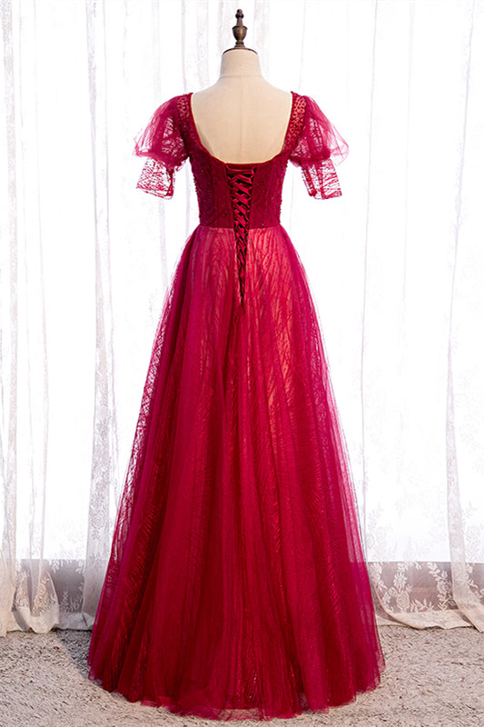 Red Square Neck Puff Sleeves Beaded Tulle Maxi Formal Dress