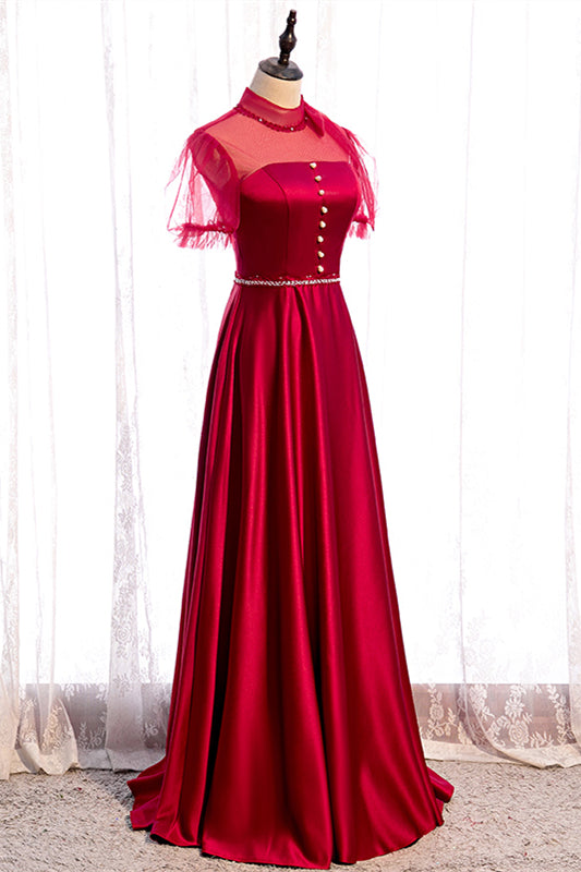 Red Illusion High Neck Puff Sleeves Beaded Satin Maxi Formal Dress with Buttons