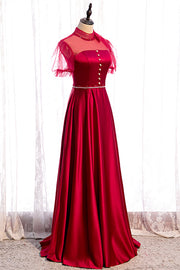Red Illusion High Neck Puff Sleeves Beaded Satin Maxi Formal Dress with Buttons
