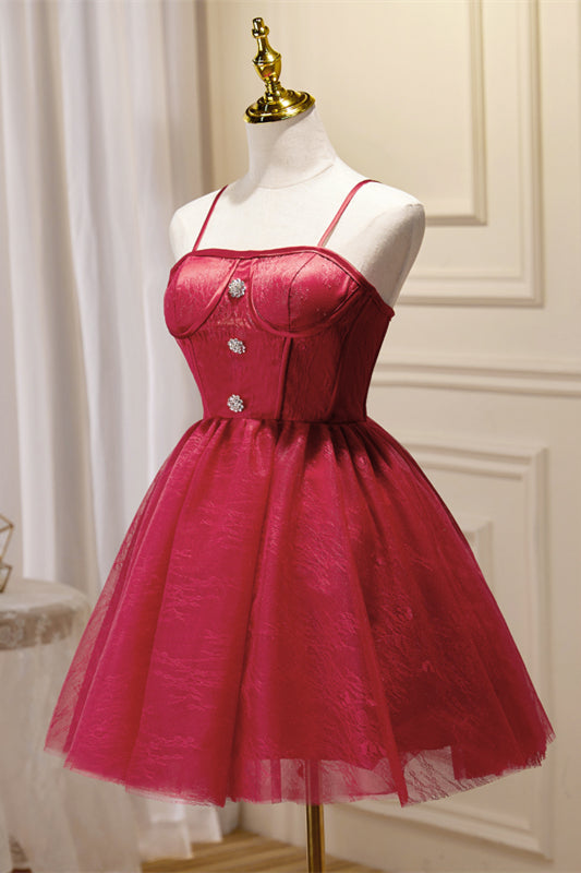 Wine Red Straps Lace Silver Buttons Homecoming Dress