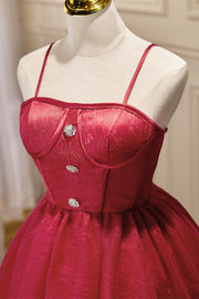 Wine Red Straps Lace Silver Buttons Homecoming Dress