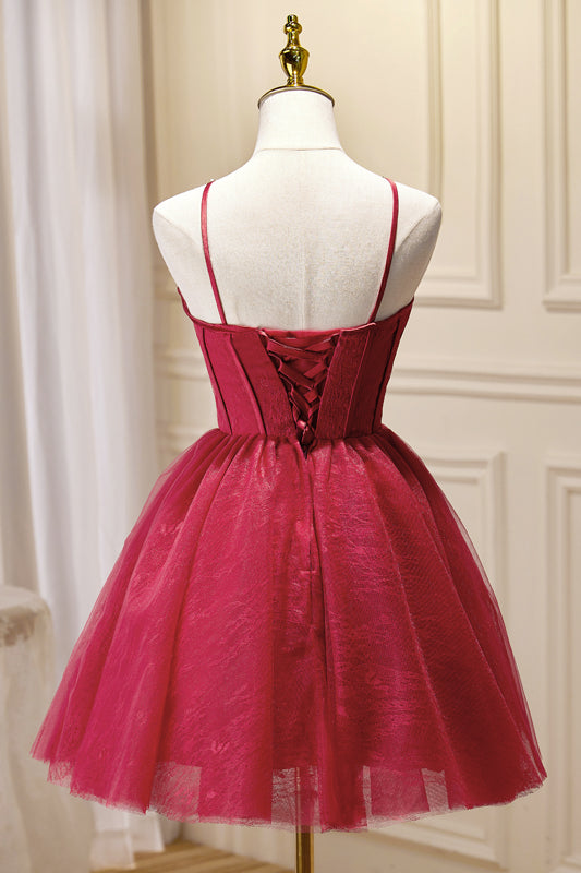 Wine Red Straps Lace Silver Buttons Homecoming Dress