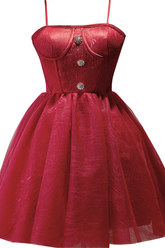 Wine Red Straps Lace Silver Buttons Homecoming Dress