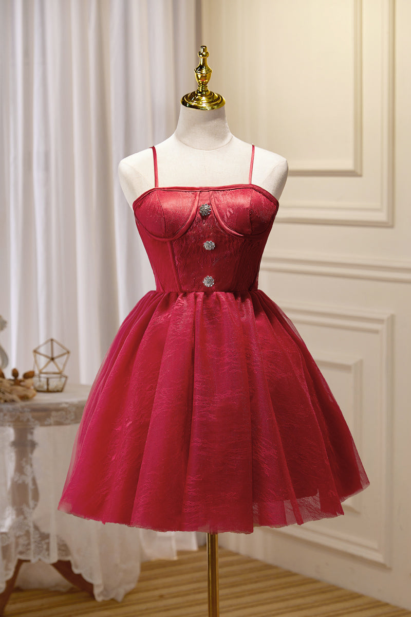 Wine Red Straps Lace Silver Buttons Homecoming Dress