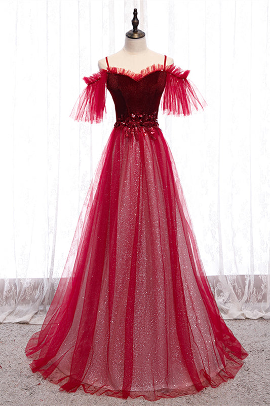 Red Off-the-Shoulder Straps Beaded Appliques Maxi Formal Dress