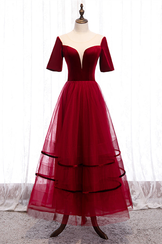 Red Illusion Deep V Neck Sleeves Straps Detail Tulle Knee Length Formal Dress