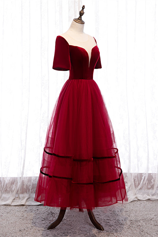 Red Illusion Deep V Neck Sleeves Straps Detail Tulle Knee Length Formal Dress