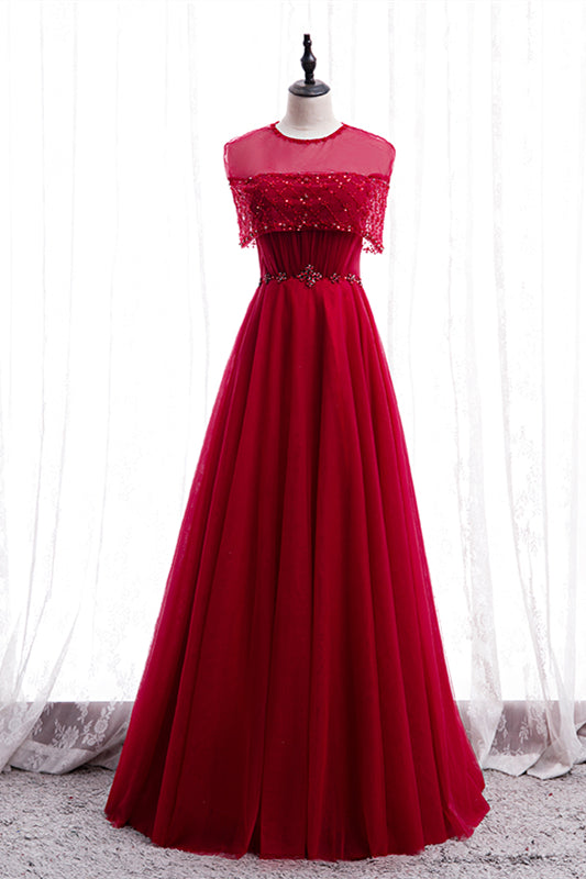 Red Illusion Jewel Neck Rhinestone Beaded Crepe Maxi Formal Dress