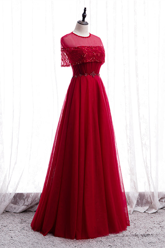 Red Illusion Jewel Neck Rhinestone Beaded Crepe Maxi Formal Dress