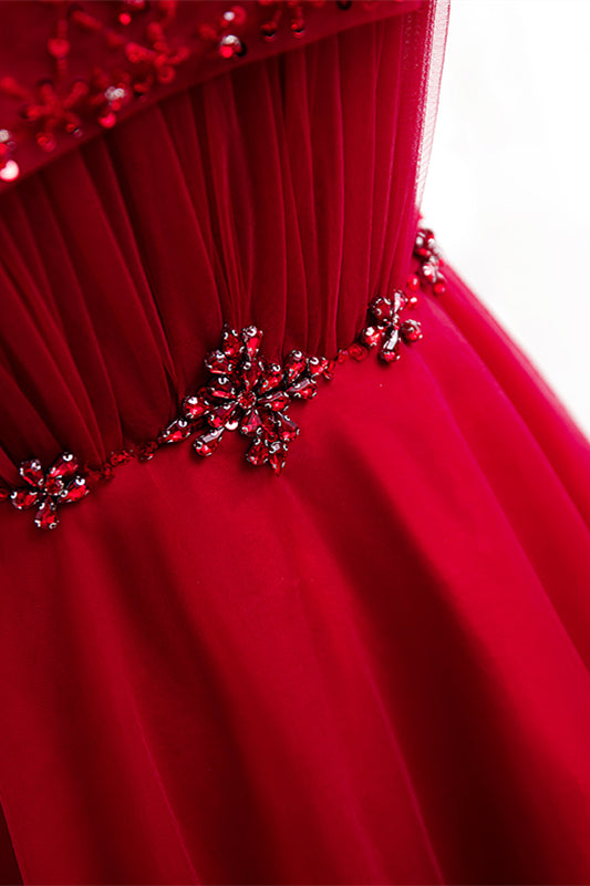 Red Illusion Jewel Neck Rhinestone Beaded Crepe Maxi Formal Dress