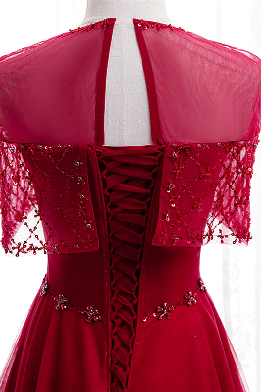Red Illusion Jewel Neck Rhinestone Beaded Crepe Maxi Formal Dress