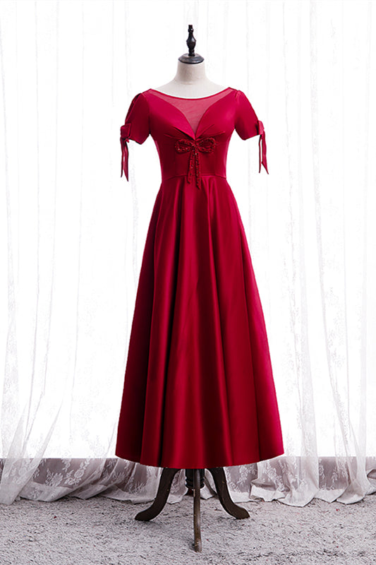 Red Illusion V Neck Sleeves Beaded Tea Length Formal Dress with Bows