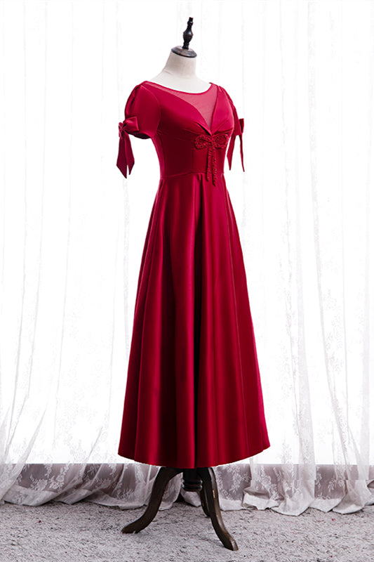 Red Illusion V Neck Sleeves Beaded Tea Length Formal Dress with Bows