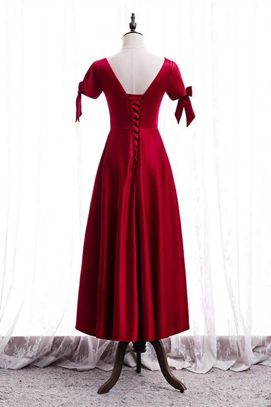 Red Illusion V Neck Sleeves Beaded Tea Length Formal Dress with Bows