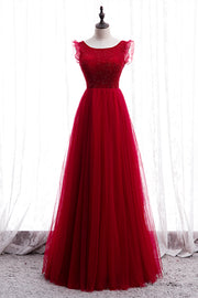 Red A-line Beaded Ruffle Sleeveless Lace-Up Maxi Formal Dress