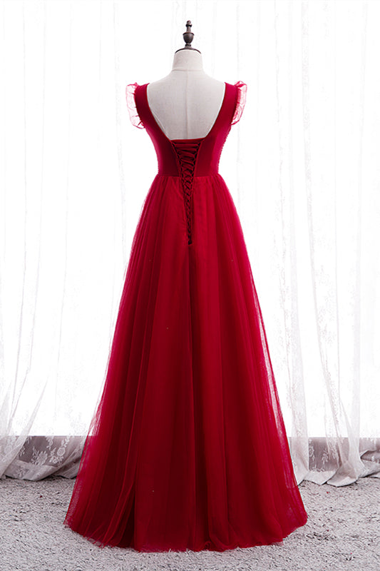 Red A-line Beaded Ruffle Sleeveless Lace-Up Maxi Formal Dress